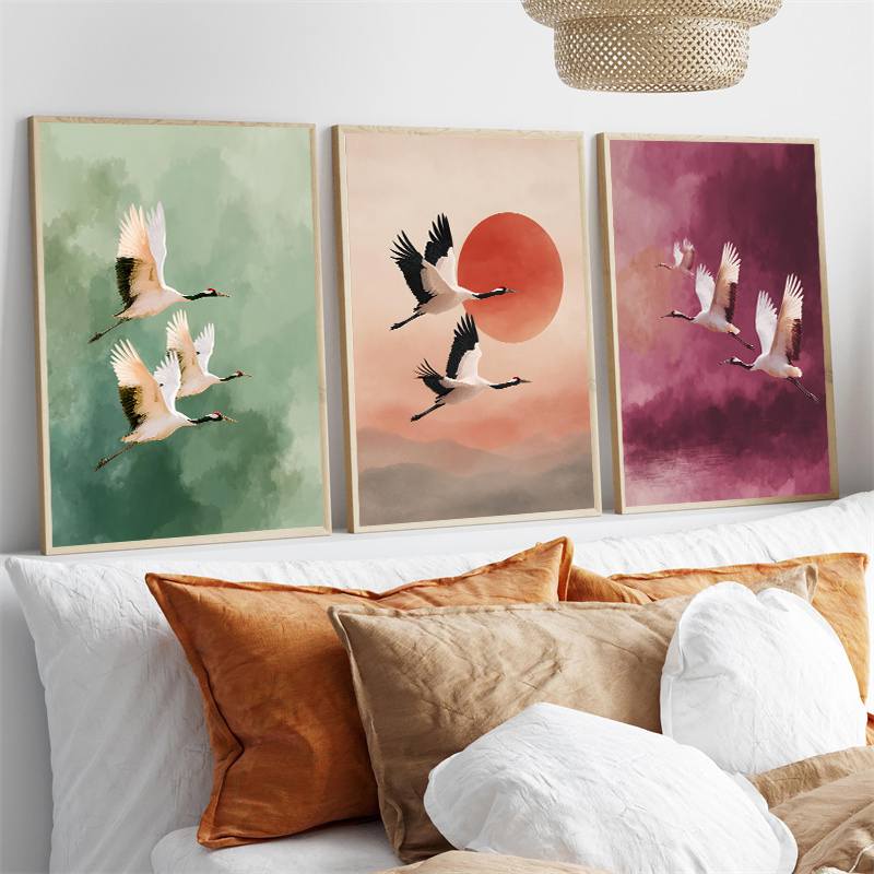 Lifestyle Of Japanese - Vintage Crane Flying Birds Flower Sun